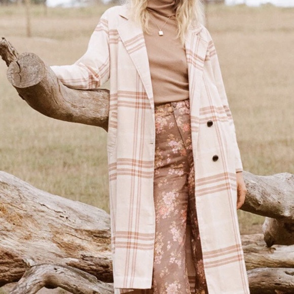 Spell & Gypsy Base Camp Trench Coat pink plaid longsleeve coastal boho designer - Picture 1 of 4